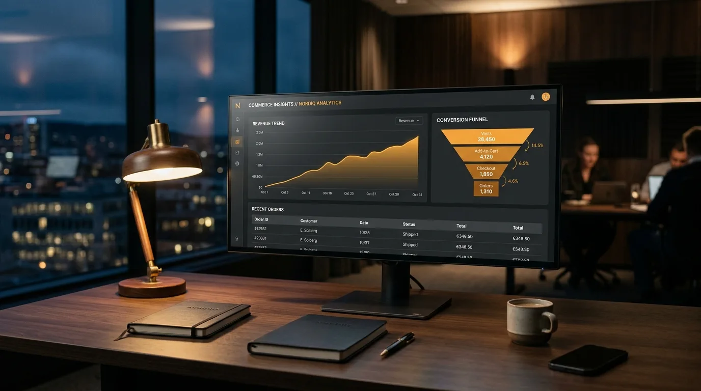 Monitor showing a charcoal and orange sales dashboard on a dark office desk