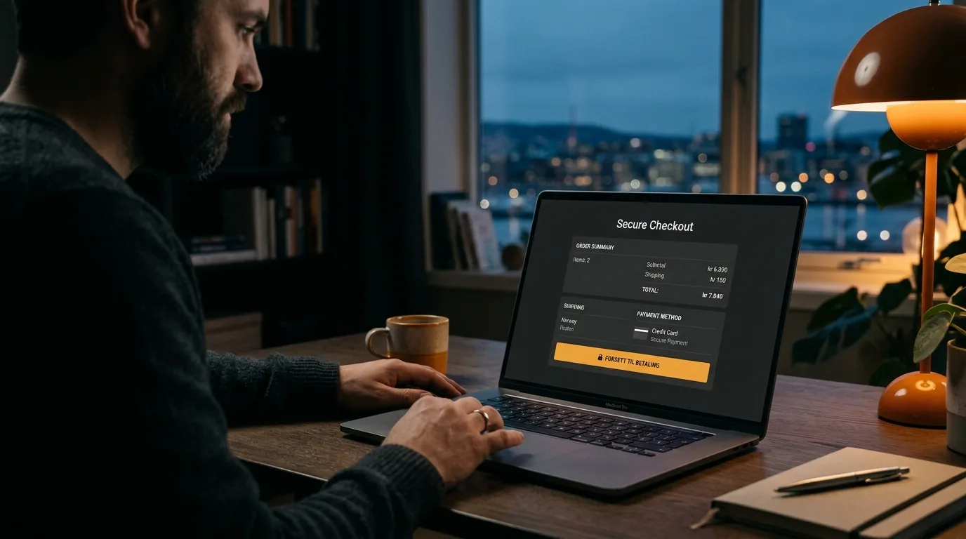 Dark home office with a laptop showing a clean Norwegian checkout and a warm orange lamp