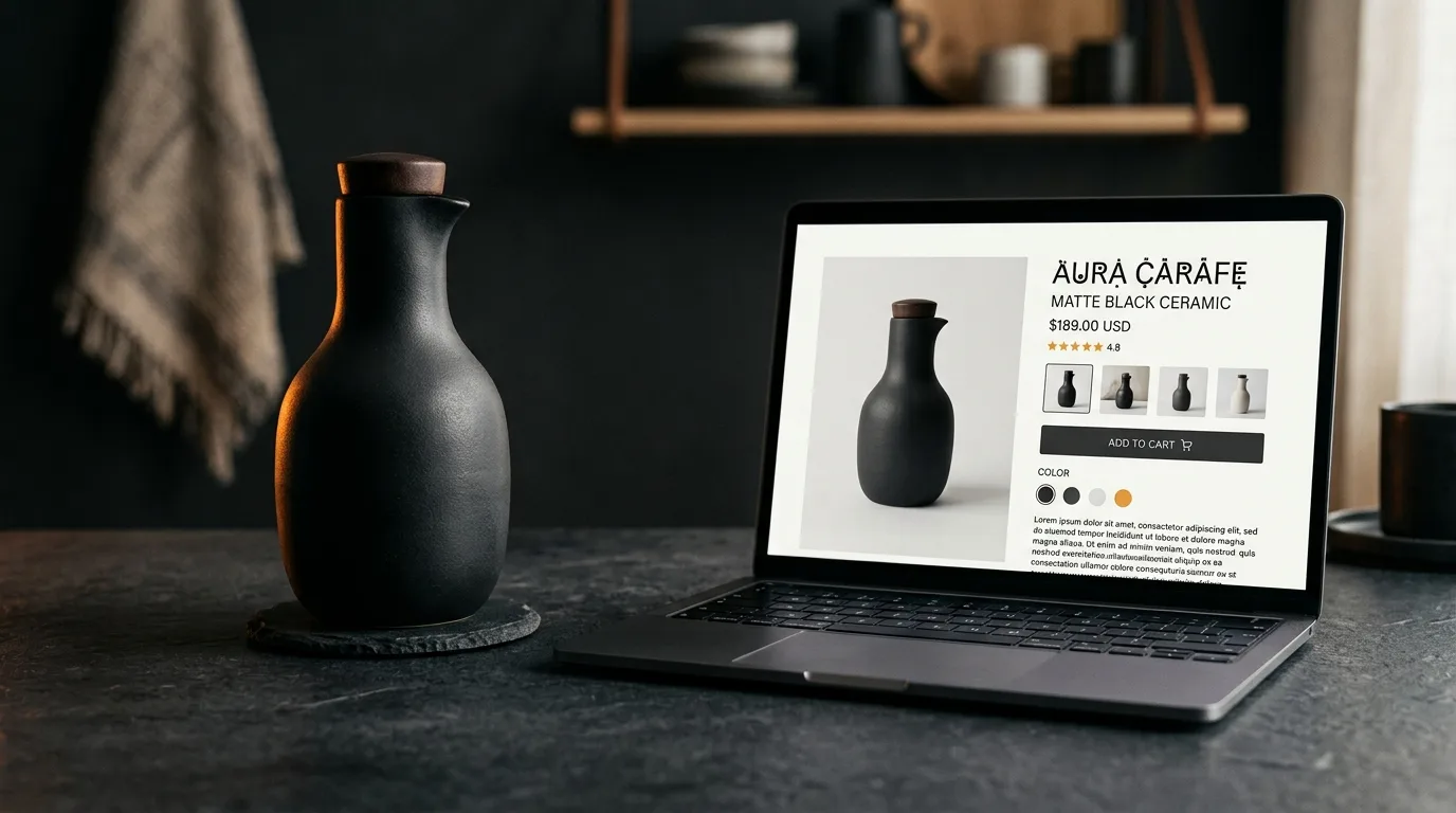 Matte black carafe beside a laptop showing a clear product page in cinematic light