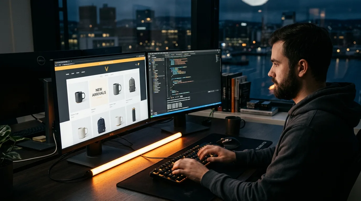 Developer at dual monitors with a storefront and code, orange light bar on a dark desk