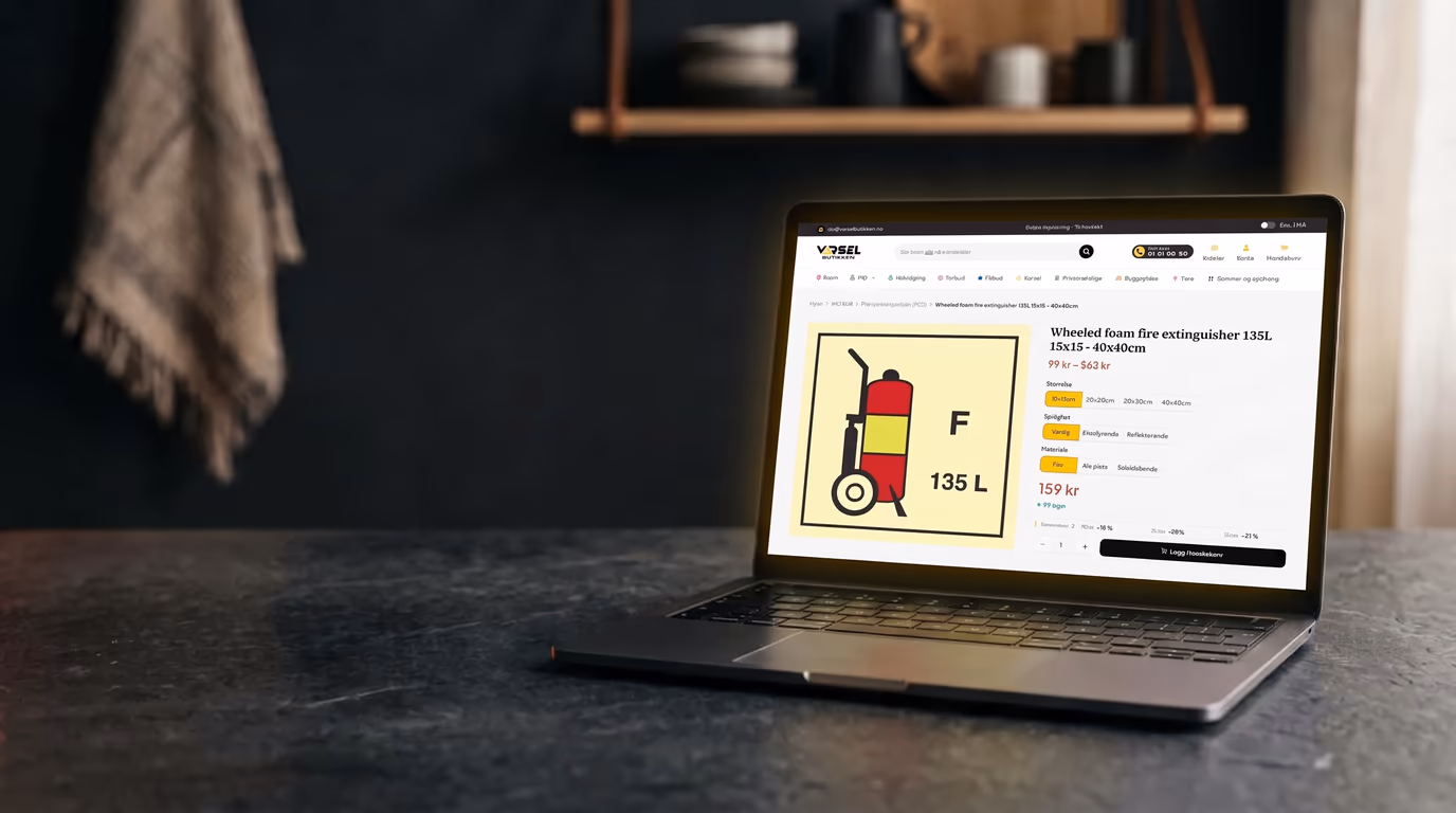 Laptop på mørkt steinbord som viser en Varselbutikken-produktside med IMO-brannskilt